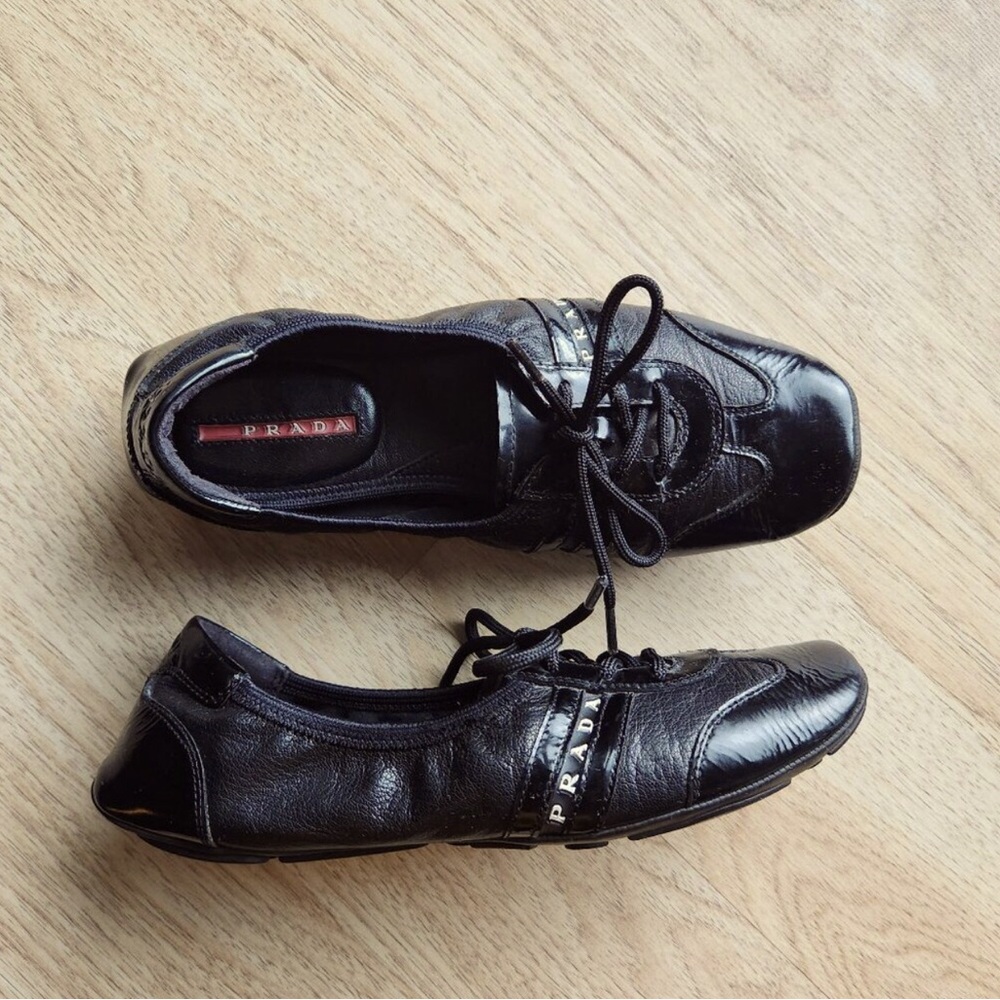 Prada Sport Black Patent Leather Lace Up Ballet Flats size EU 36.5 /US 6